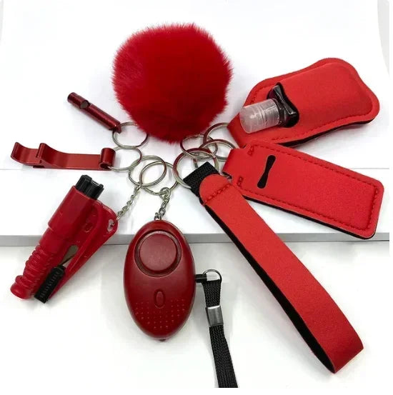 KIT LLAVEROS DE SEGURIDAD Y AUTODEFENSA CON ALARMA PERSONAL MUJER 8 PIEZAS