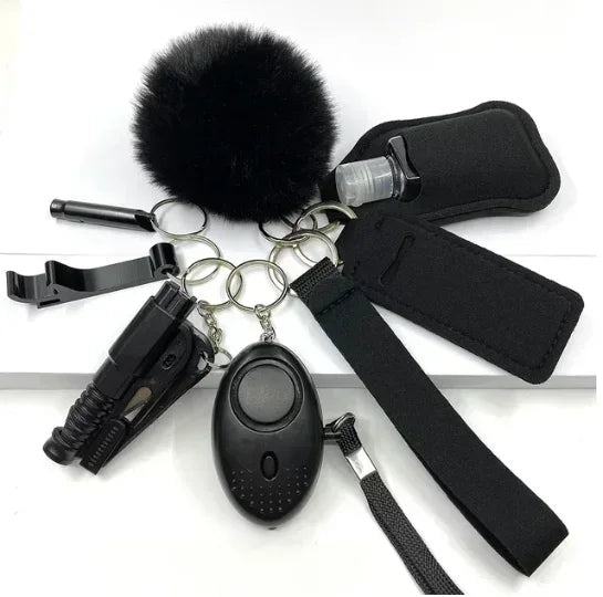 KIT LLAVEROS DE SEGURIDAD Y AUTODEFENSA CON ALARMA PERSONAL MUJER 8 PIEZAS