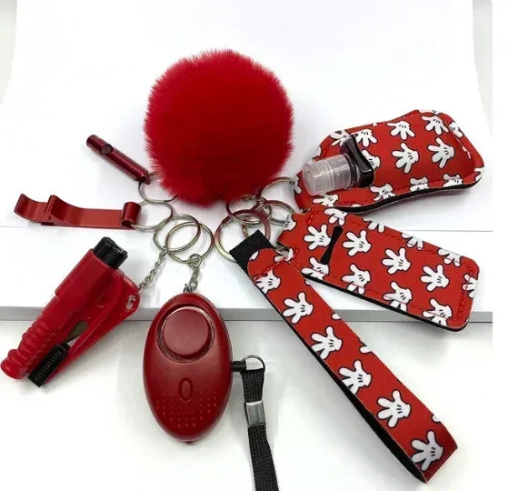 KIT LLAVEROS DE SEGURIDAD Y AUTODEFENSA CON ALARMA PERSONAL MUJER 8 PIEZAS