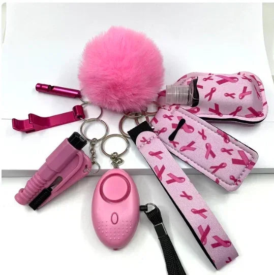 KIT LLAVEROS DE SEGURIDAD Y AUTODEFENSA CON ALARMA PERSONAL MUJER 8 PIEZAS
