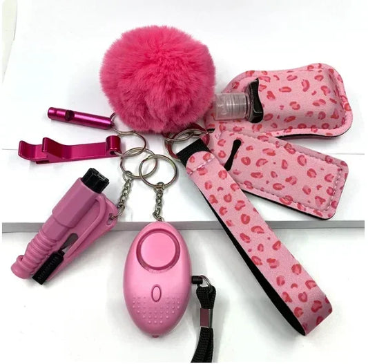 KIT LLAVEROS DE SEGURIDAD Y AUTODEFENSA CON ALARMA PERSONAL MUJER 8 PIEZAS
