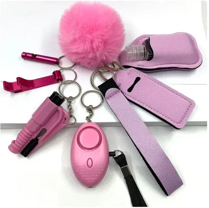 KIT LLAVEROS DE SEGURIDAD Y AUTODEFENSA CON ALARMA PERSONAL MUJER 8 PIEZAS